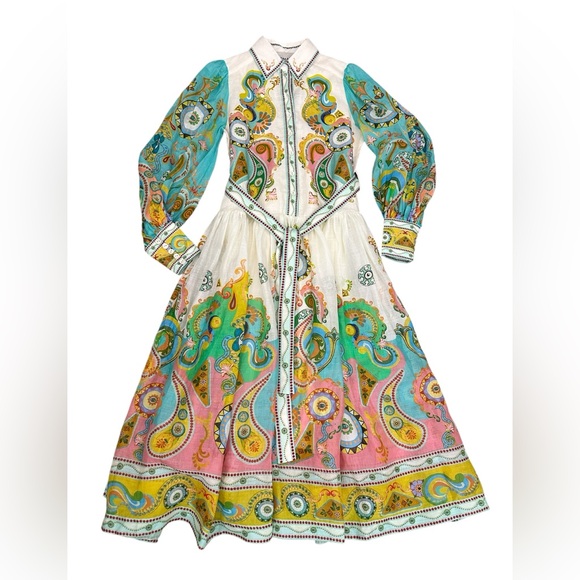 NWT ALÉMAIS Pinball Linen Paisley Print Belted MIDI Dress Sz 0 - Picture 13 of 16